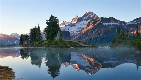 Lake Mountain Reflection Sunrise Canada Snowy Peak Trees Mist