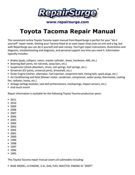 Toyota Tacoma Repair Manual 1995 2011 Pdf