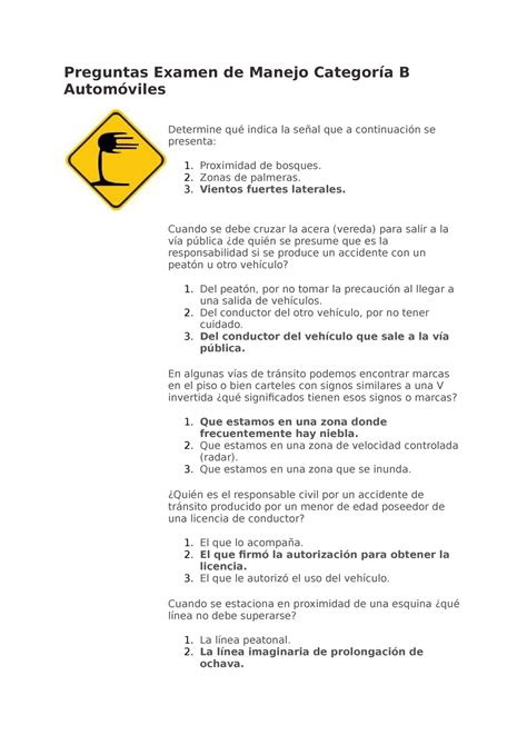 Preguntas Examen de Manejo Categoría B Automóviles Preguntas Examen de Manejo B Determine