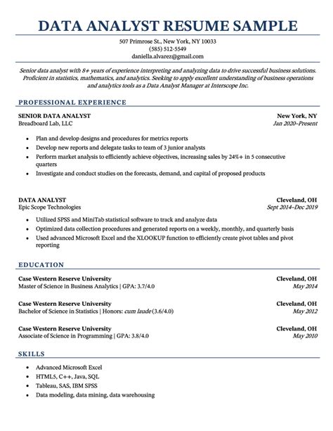 Examples Of Good Resumes For Data Analysts Resume Example Gallery My