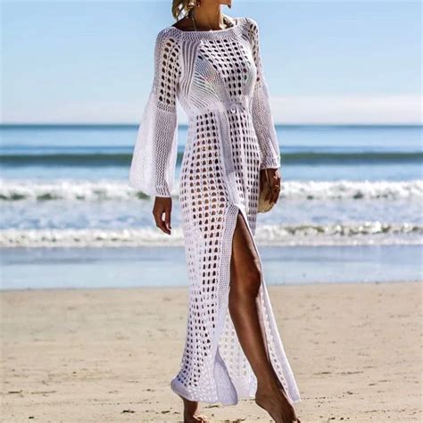 Sexy Crochet White Knitted Beach Cover Up Dress New Tunic Long Pareos De Playa Mujer Cover