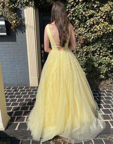 Dressself Daffodil Long Backless Prom Dress V Neck A Line Formal Dress