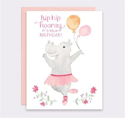 Hippo Birthday Card Cute Birthday Card Hip Hip Hooray