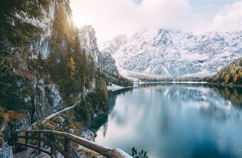 Great Alpine Lake Braies Pragser Wildsee Location Place Dolom Stock