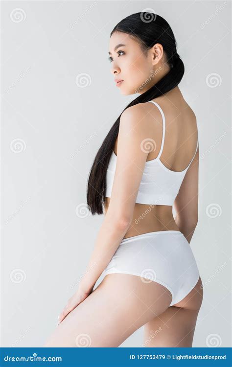 Side View Of Attractive Asian Woman In White Lingerie Stock Image Image Of Attractive Female