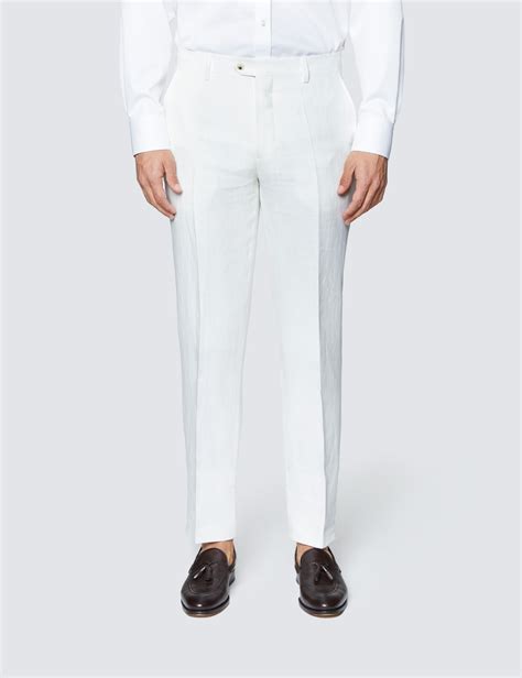 Mens White Herringbone Tailored Fit Linen Trousers 1913 Collection