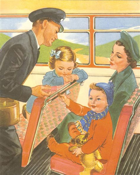 Vintage 1950s Childrens Print Toddler Paying Bus Conductor For Ticket