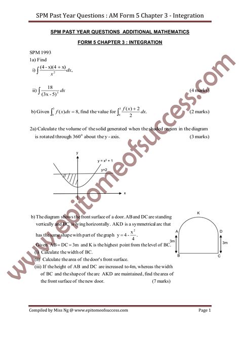 Do look at the structures wanted. SPM Add Math Past Year Question 1993-2007 Integration ...