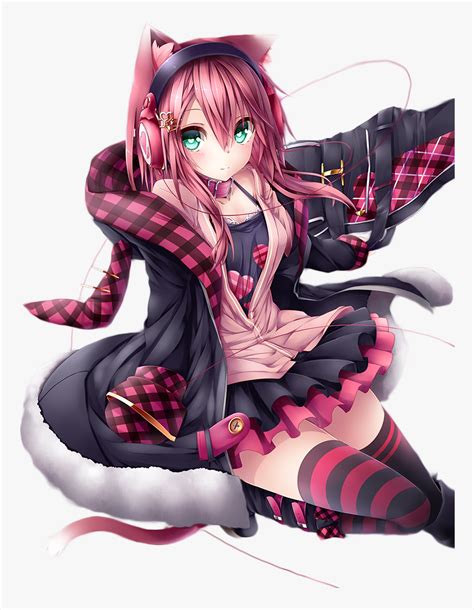 Headphone Transparent Cat Anime Girl With Pink Hair And