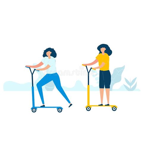 Character Design Of Two Young Women Riding Kick Scooters Together In