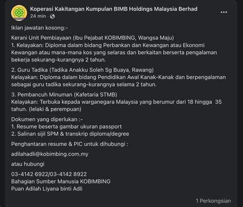 Iklan Jawatan Koperasi Kakitangan Kumpulan Bimb Holdings Malaysia