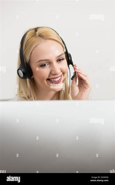 Woman Customer Service Worker Call Center Smiling Operator With Phone Headset Stock Photo Alamy