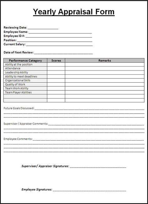 yearly appraisal forms  word templates