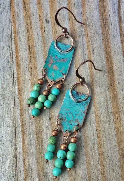 Blue Patina Boho Earrings With Copper And Turquoise Dangles Etsy