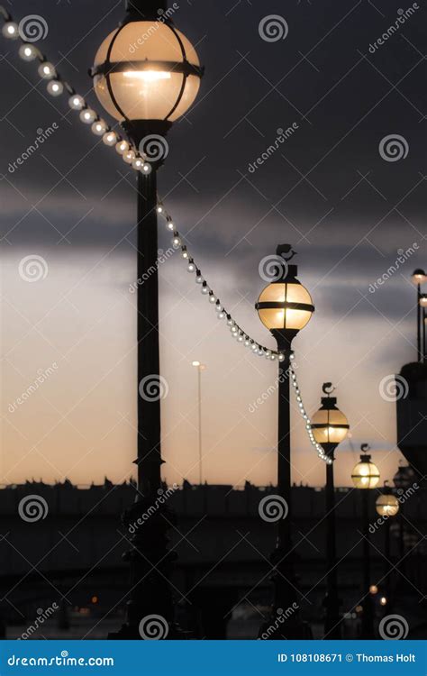 Street Lights At Night Old Fashioned Style Street Lamps Stock Image