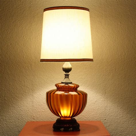 Vintage Table Lamp Glass Brass Amber Orange With