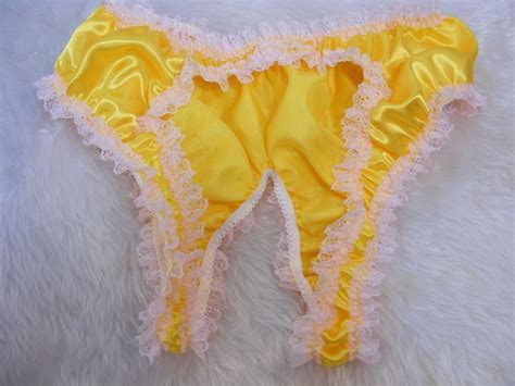 sissy panties yellow satin lace crotch less open butt panties etsy