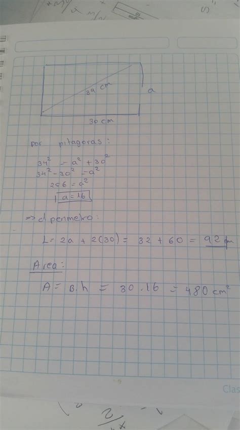 Calcula el perímetro y el área de un rectángulo cuya diagonal mide 34cm