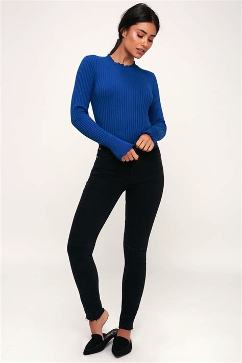 Cute Cobalt Blue Sweater Cropped Sweater Ribbed Sweater Top
