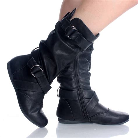 Black Buckle Slouch Motorcycle Casual Flat Mid Calf Dress Womens Boots
