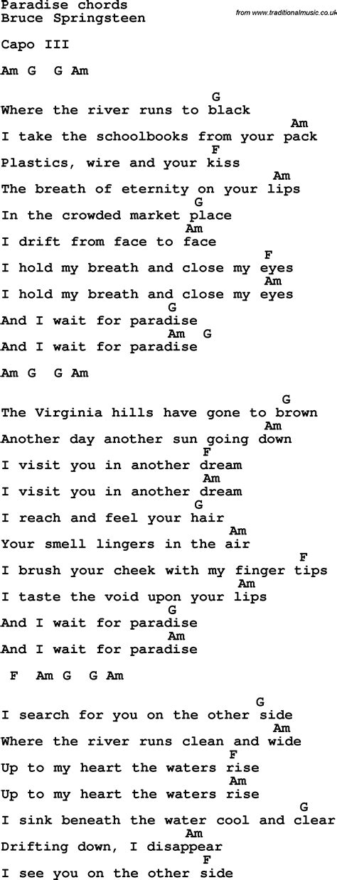 Song Lyrics With Guitar Chords For Paradise Bruce Springsteen