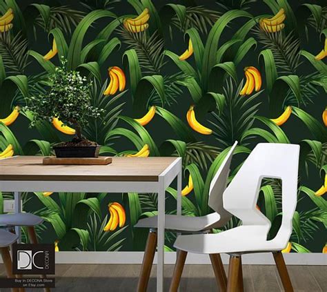 Green Tropical Leafs Yellow Bananas On Black Wall Watercolor Etsy