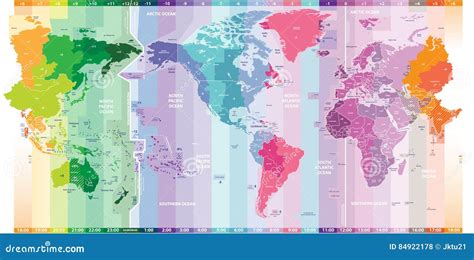 Vector Standard Time Zones Of The World Political Map Centered By