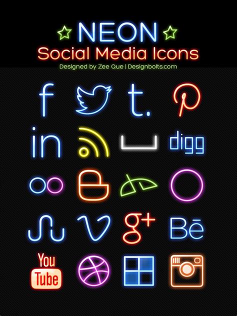 A pack of 300 social media icons (png & vector) and a set of animated icons (lottie and ae), which cover all the trendiest social media networks nowadays. Neon Free Social Media Icons 2014 - Designbolts