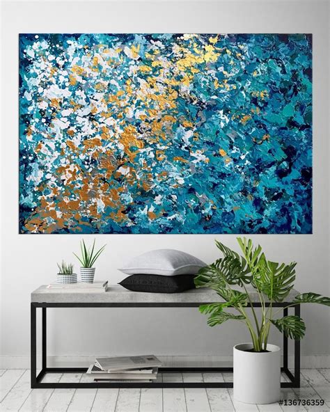 Teal Abstract Art Turquoise Blue Painting On Canvas Gold Etsy