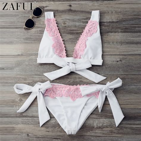 Zaful 2017 Cute Girls Lace Decor Bikini Set Bow Tie Swimwear Women Sexy Swimsuit Vintage Bathing