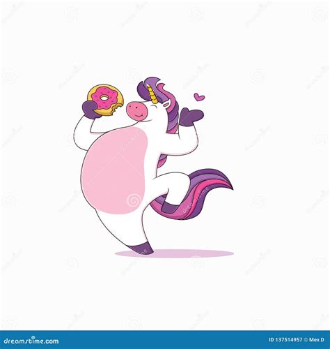 Cute Fat Unicorn Cartoon Eat Donut Stock Vector Illustration Of Color