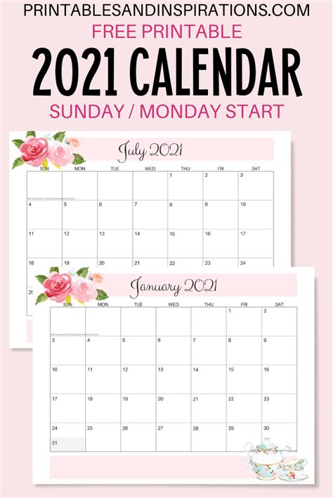 2020 2021 Free Printable Pretty Floral Calendar Printables And