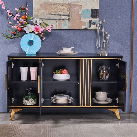 Contemporary Black Sideboard Buffet Tempered Glass Top With Acrylic Doors And Shelves In Small