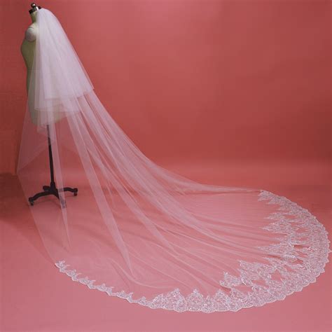 High Quality Neat Sequins Lace Cathedral Wedding Veil With Blusher 2 T Long 3m Bridal Veil Voile