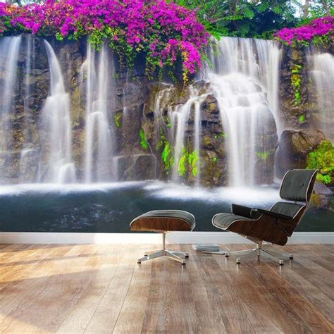 A Wall Mural Depicting A Waterfall With Purple Flowers In The