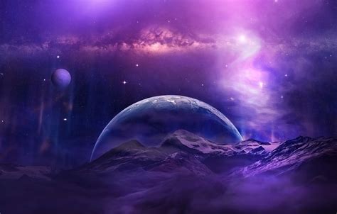 Wallpaper Space Universe Aurora Sky Mountains Clouds Stars