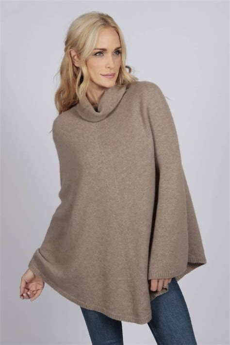 camel brown pure cashmere roll neck poncho cape italy in cashmere uk
