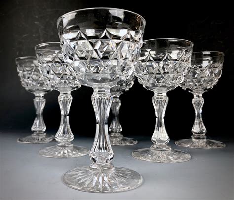 Antique American Brilliant Period Cut Glass Wine Glasses Applecore Stem Hobnail Diamond Cut 6