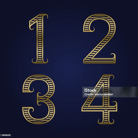 One Two Three Four Golden Ribbed Numbers With Flourishes Stock