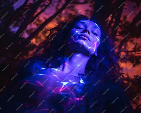 Premium Ai Image A Woman With Purple And Blue Lights On Her Face