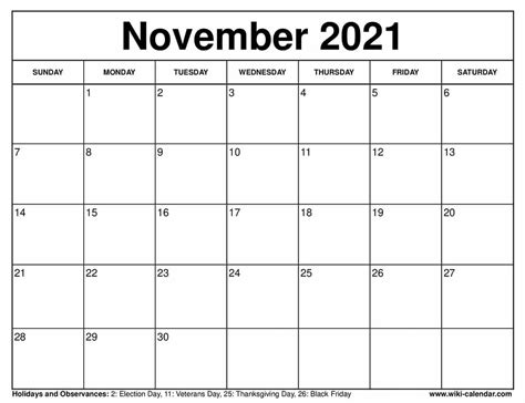 Free Printable November 2021 Calendars