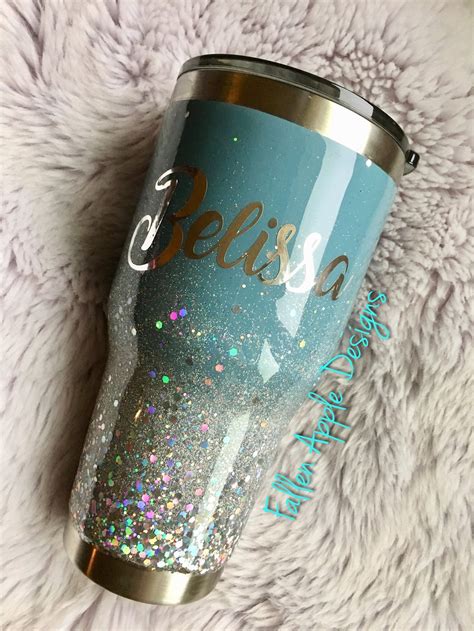 Teal To Silver Glitter Ombré Personalized Tumbler Or Stemless Etsy