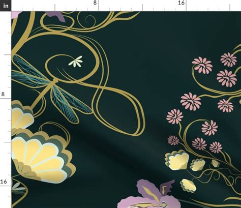 Art Nouveau Dragonfly In Teal Background Fabric Spoonflower