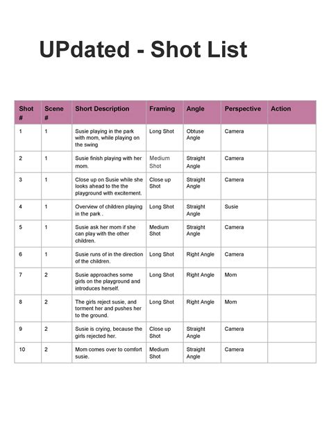 50 Handy Shot List Templates Film And Photography Templatelab