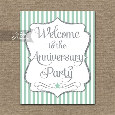 Anniversary Welcome Sign Mint Silver Stripe Nifty Printables