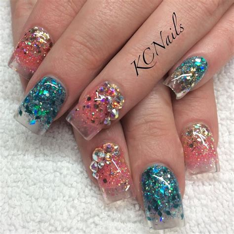 See more ideas about nail designs, cute nails, pretty nails. Coral and teal nails, reverse fade, clear tips. Swarovski ...