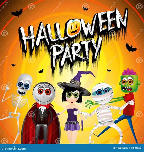 Halloween Party Poster With Cartoon Characters Stock Illustration