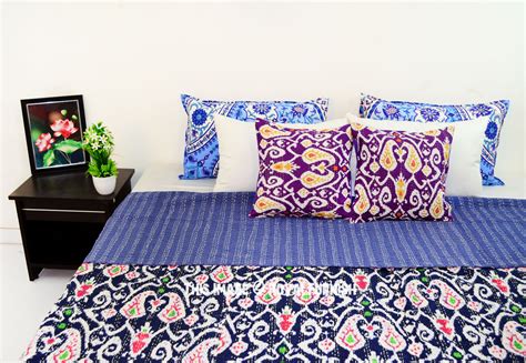 Blue Queen Size Paisley Ikat Kantha Quilt Blanket Bedding Bedspread