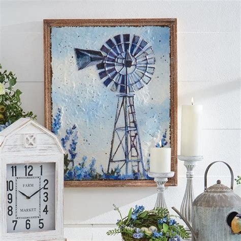 Embossed Metal Framed Windmill Wall Art Antique Farmhouse