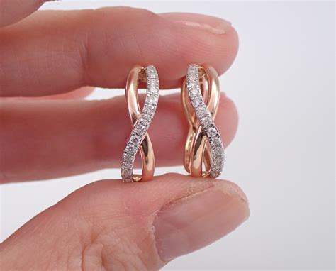 K Rose Gold Diamond Hoop Earrings Diamond Hoops Huggies Gift Modern Design